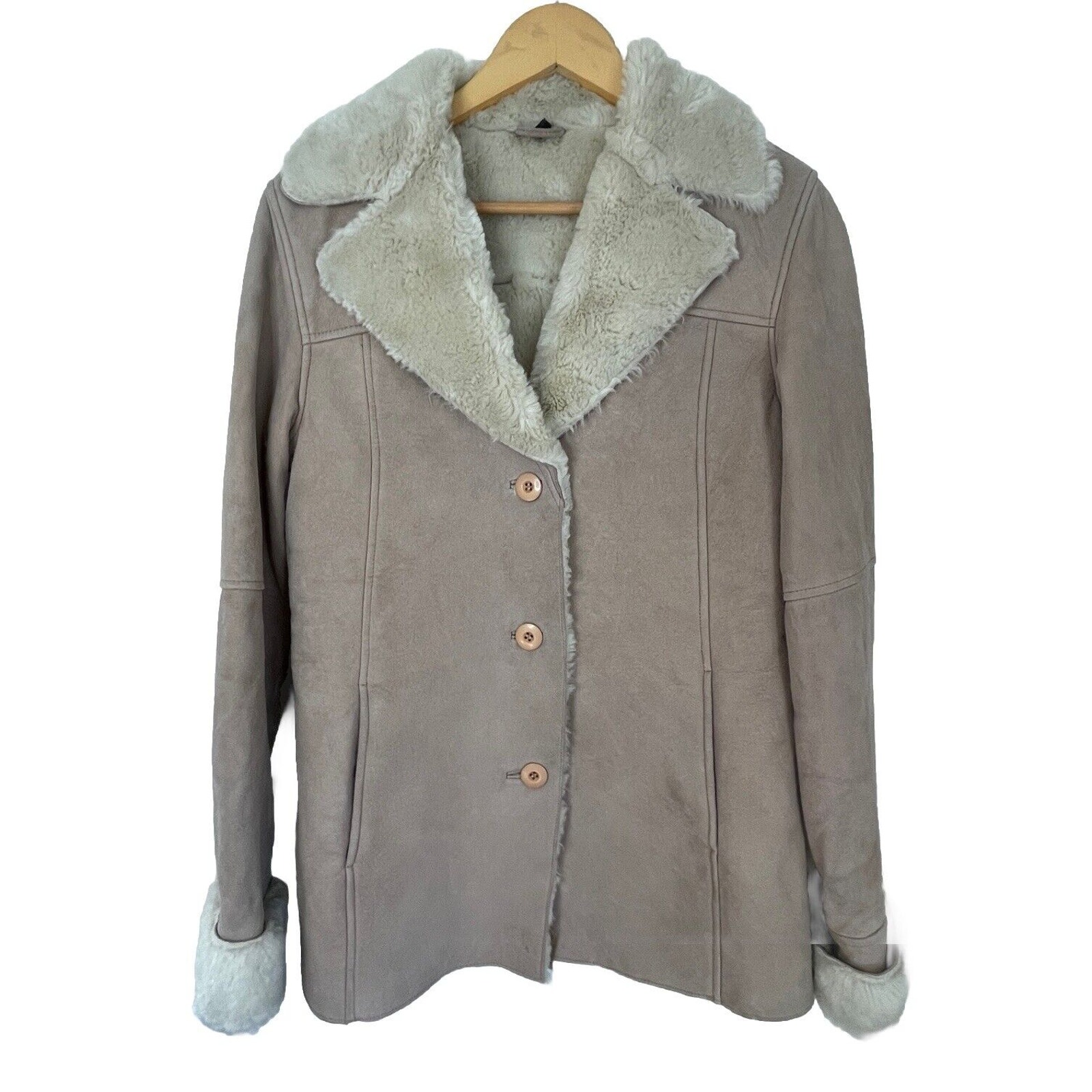 Vintage Taupe Tan Suede Coat Jacket W/Faux Fur Lining Boho Hippie Women Sz Med
